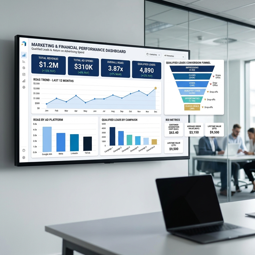 Dashboard showing qualified leads and improved return on ad spend