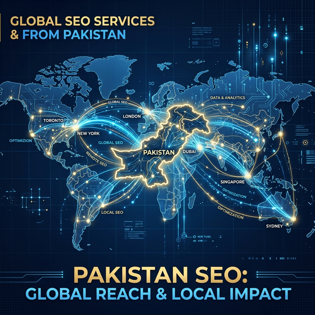 Map highlighting local Pakistan and remote worldwide business coverage
