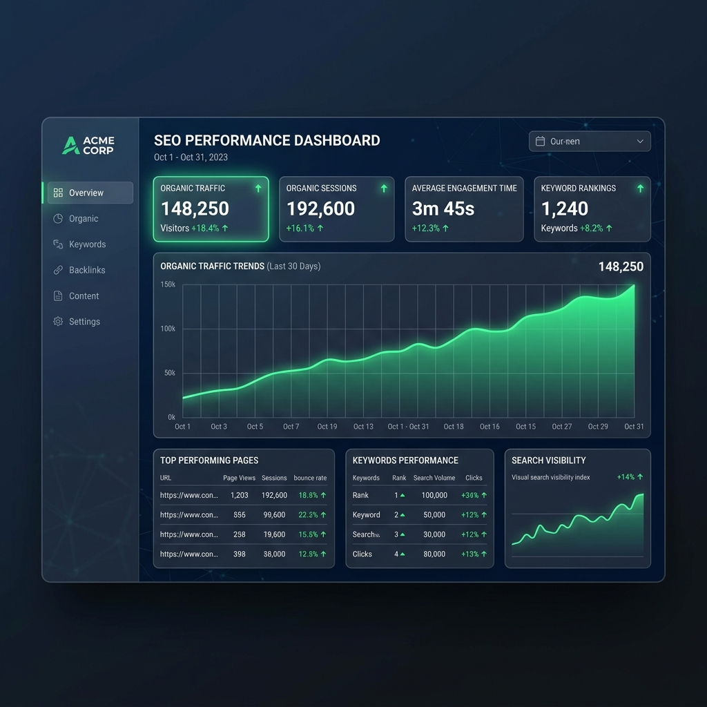 SEO performance dashboard showing leads and revenue growth instead of vanity traffic metrics