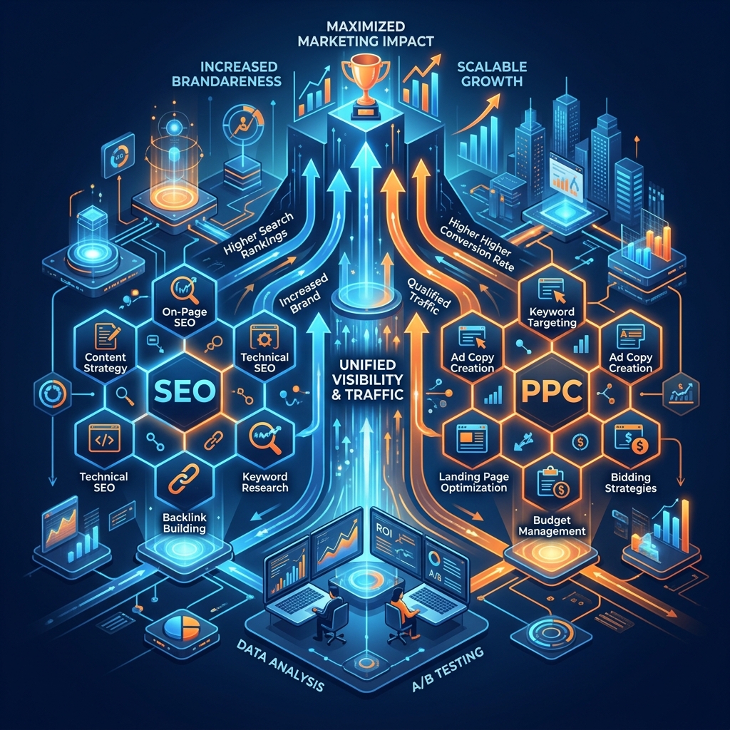 Diagram showing how SEO and PPC work together to maximize conversions